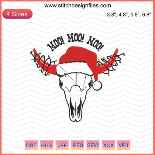 Whimsical Cow Head Christmas Embroidery Design File, Festive Machine Embroidery Pattern, Moo! Moo! Moo! Holiday Stitching