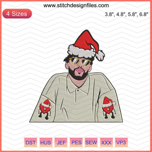 Bad Bunny Christmas Embroidery Design File: Festive machine embroidery patterns featuring holiday-themed Bad Bunny motifs.