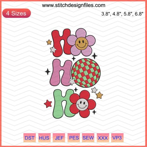 Festive Groovy Ho Ho Ho embroidery design featuring playful Christmas motifs, perfect for machine embroidery projects.