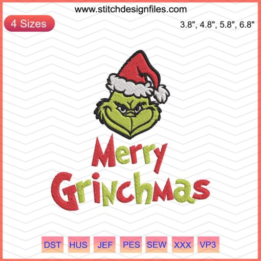 Grinch-themed Christmas embroidery designs file, vibrant and festive, perfect for machine embroidery. Download now.