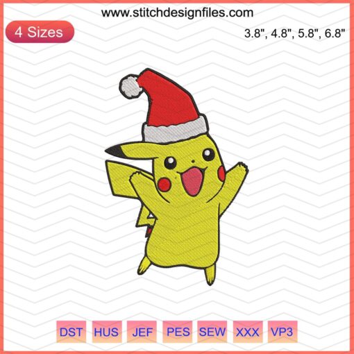 Pikachu Christmas Machine Embroidery Design - Festive Pikachu in Santa Hat, Perfect for Holiday Projects and Embroidery Lovers