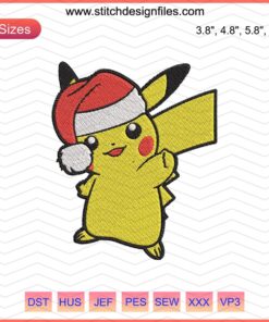 Pikachu wearing Santa hat embroidery design file, Christmas-themed machine embroidery, festive embroidery pattern.