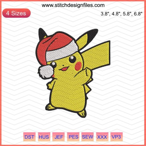Pikachu wearing Santa hat embroidery design file, Christmas-themed machine embroidery, festive embroidery pattern.