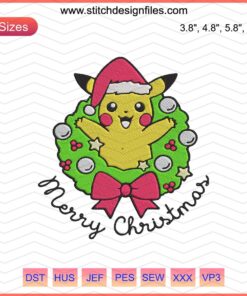 Pikachu with Christmas wreath embroidery design, festive machine embroidery, Merry Christmas file, holiday stitching pattern.