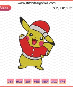 Pikachu Christmas Embroidery Designs File: Adorable Pikachu in Santa hat for festive machine embroidery projects.