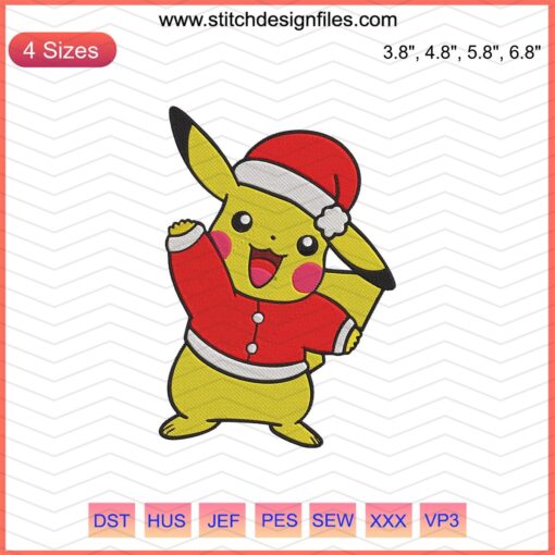 Pikachu Christmas Embroidery Designs File: Adorable Pikachu in Santa hat for festive machine embroidery projects.