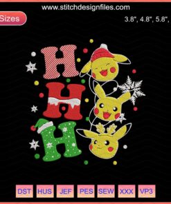 Pikachu in Santa hat with "Ho Ho Ho" text, Christmas embroidery design, festive machine embroidery file.