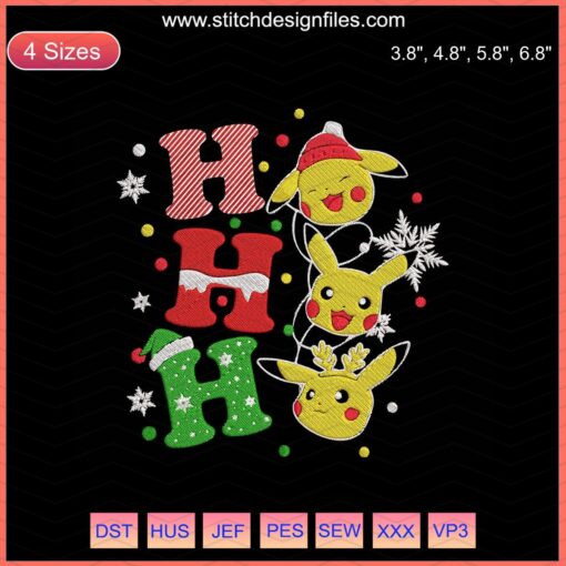 Pikachu in Santa hat with "Ho Ho Ho" text, Christmas embroidery design, festive machine embroidery file.
