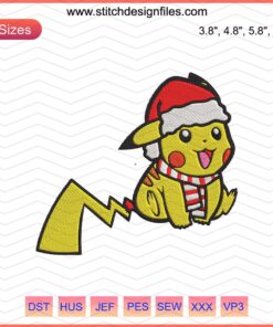 Pikachu in Santa suit Christmas embroidery design for machine embroidery, festive holiday embroidery file.