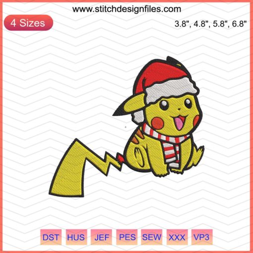 Pikachu in Santa suit Christmas embroidery design for machine embroidery, festive holiday embroidery file.
