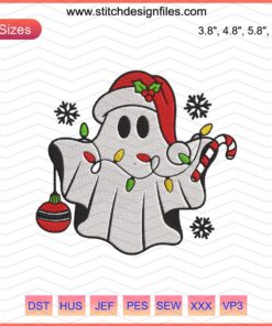 Cute ghost with Santa hat digital embroidery design for Christmas machine embroidery, festive holiday spirit patterns download.
