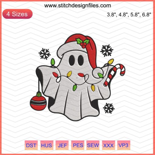 Cute ghost with Santa hat digital embroidery design for Christmas machine embroidery, festive holiday spirit patterns download.