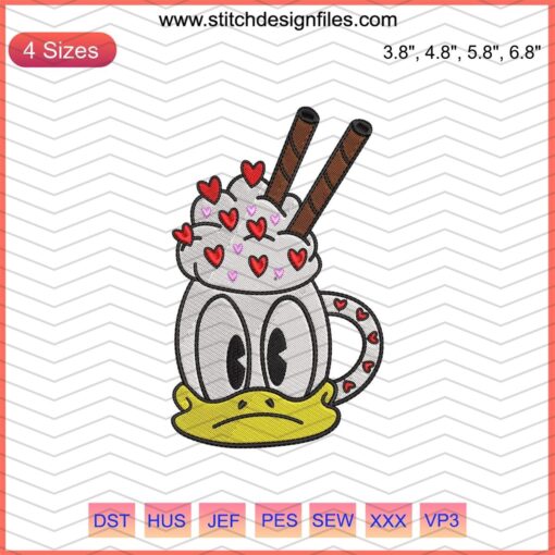 Donald Duck Valentine Mug Embroidery Design: Heart-themed with iconic character, perfect for festive DIY projects.