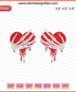 Valentine Skeleton Hands 14-2 Embroidery Design; gothic-themed skeleton hand motif with heart, embroidery file for download.