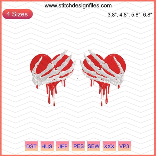Valentine Skeleton Hands 14-2 Embroidery Design; gothic-themed skeleton hand motif with heart, embroidery file for download.