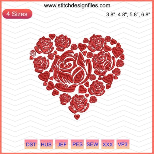 "Floral Heart Valentines 14-2 Embroidery Design: Intricate heart-shaped embroidery featuring romantic floral patterns. Perfect for Valentine's projects."