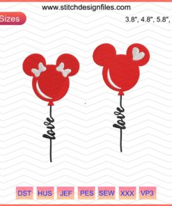 Cute mouse holding heart balloons embroidery design file 14-2; Valentine's Day themed; digital download for stitching.