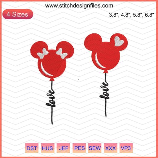 Cute mouse holding heart balloons embroidery design file 14-2; Valentine's Day themed; digital download for stitching.