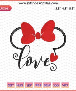 Minnie Love 14-2 Embroidery Design File: Heart-themed Minnie Mouse silhouette pattern, perfect for embroidery projects.