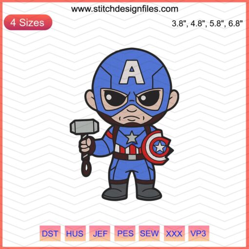 Captain America Chibi Embroidery Design, Avengers Machine Embroidery File, Marvel Superhero Cute Embroidery Pattern