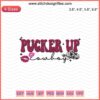 Cowboy-inspired lips embroidery design file, vintage Western style, red, detailed pattern for crafts, Pucker Up theme.