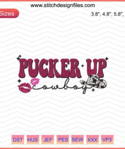 Cowboy-inspired lips embroidery design file, vintage Western style, red, detailed pattern for crafts, Pucker Up theme.