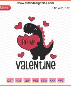 Valentine Dinosaur Embroidery File: Cute T-Rex with hearts, perfect for Valentine's crafts, digital download, DIY embroidery.