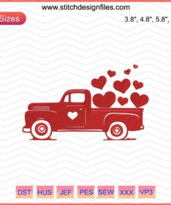 Valentine Truck Embroidery Designs File: Heart-filled vintage truck with love-themed embroidery patterns. Perfect for crafts and gifts.