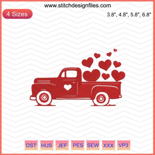 Valentine Truck Embroidery Designs File: Heart-filled vintage truck with love-themed embroidery patterns. Perfect for crafts and gifts.