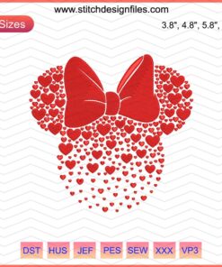 Minnie Mouse Valentine's heart head embroidery design file, featuring intricate patterns, perfect for unique sewing projects.