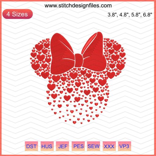 Minnie Mouse Valentine's heart head embroidery design file, featuring intricate patterns, perfect for unique sewing projects.