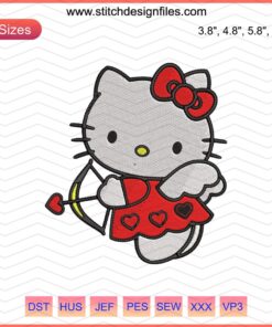 Hello Kitty Cupid embroidery design file featuring Hello Kitty with bow and arrow, perfect for Valentine's projects.