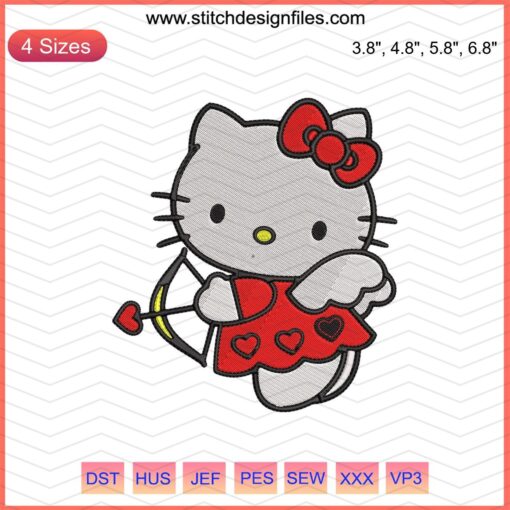 Hello Kitty Cupid embroidery design file featuring Hello Kitty with bow and arrow, perfect for Valentine's projects.