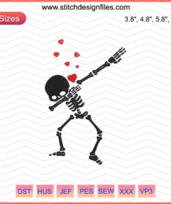 Skeleton Valentine Dabbing Embroidery Designs File: Cute skeleton dabbing with heart motif, perfect for Valentine's Day projects.