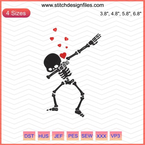 Skeleton Valentine Dabbing Embroidery Designs File: Cute skeleton dabbing with heart motif, perfect for Valentine's Day projects.