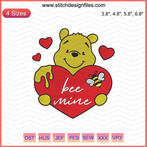 Winnie The Pooh Valentine's Embroidery Designs, featuring Pooh and heart motifs in a digital file for stitching projects.