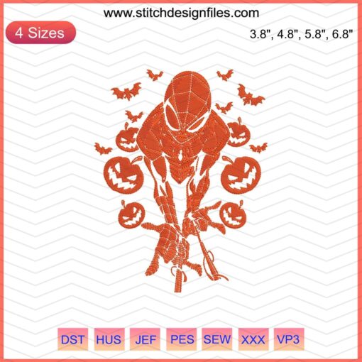 Spider-man Halloween Embroidery Designs File: Colorful Spider-man mask with Halloween elements, digital download for embroidery.