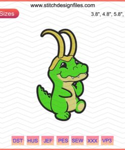Loki Crocodile Embroidery Design: Avengers-themed machine embroidery file, detailed crocodile in Loki's colors and helmet.