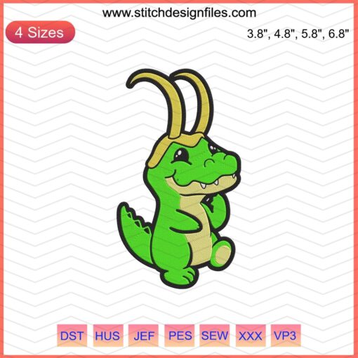 Loki Crocodile Embroidery Design: Avengers-themed machine embroidery file, detailed crocodile in Loki's colors and helmet.