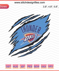 Oklahoma City Thunder NBA logo embroidery design, machine embroidery file, featuring iconic blue, orange, yellow colors.