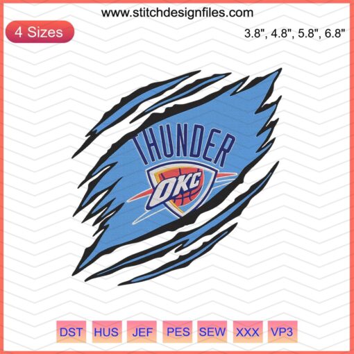 Oklahoma City Thunder NBA logo embroidery design, machine embroidery file, featuring iconic blue, orange, yellow colors.
