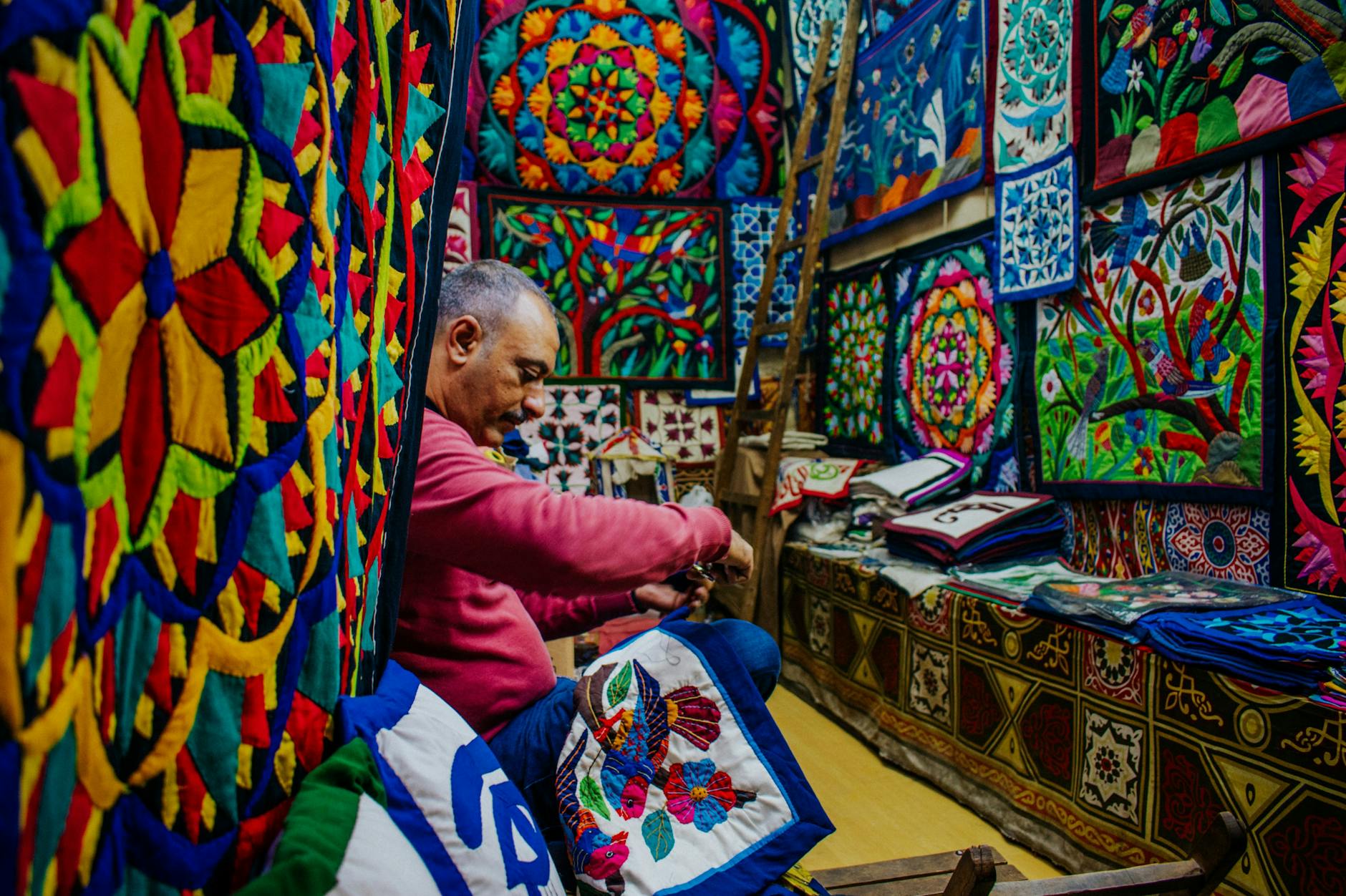 embroidered quilt with colorful machine embroidery patterns