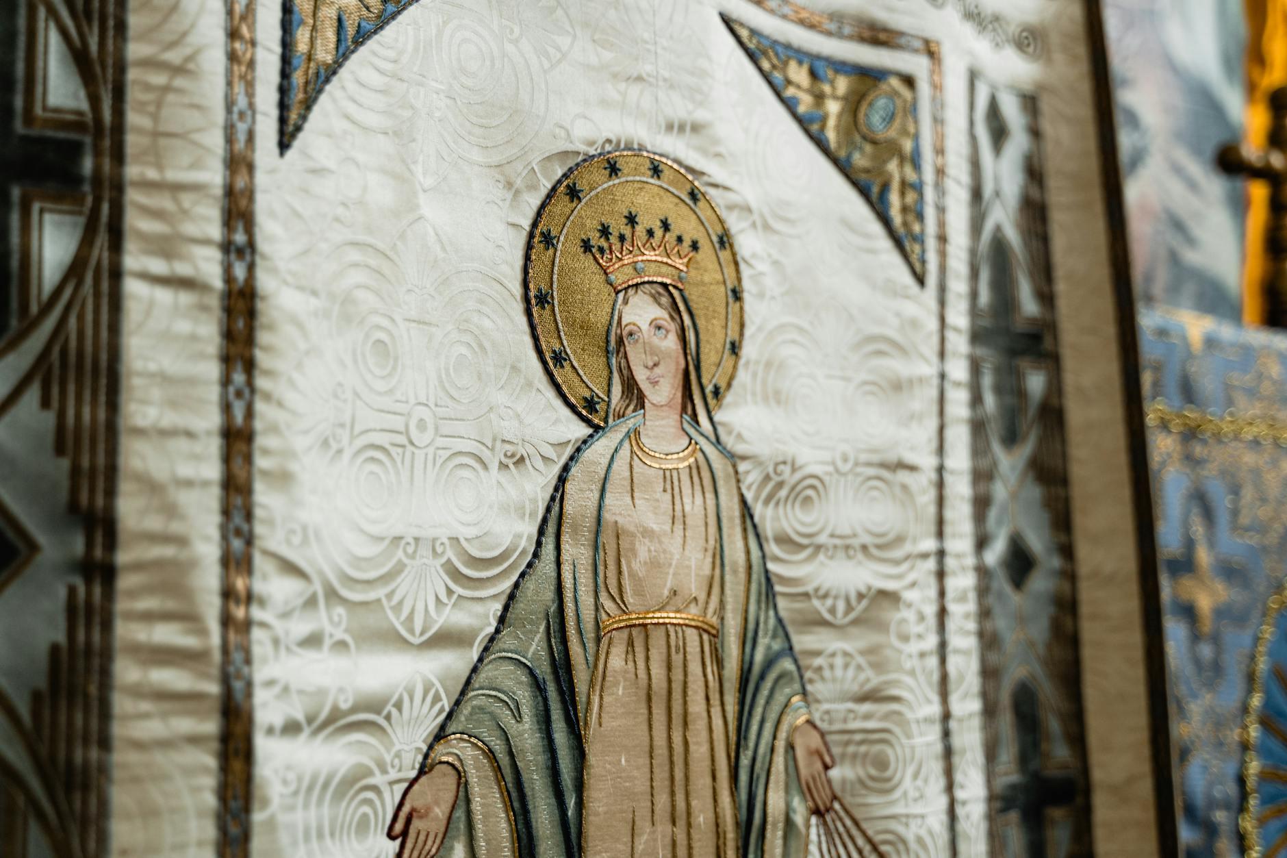 Religious embroidery design stitched in embroidery hoop