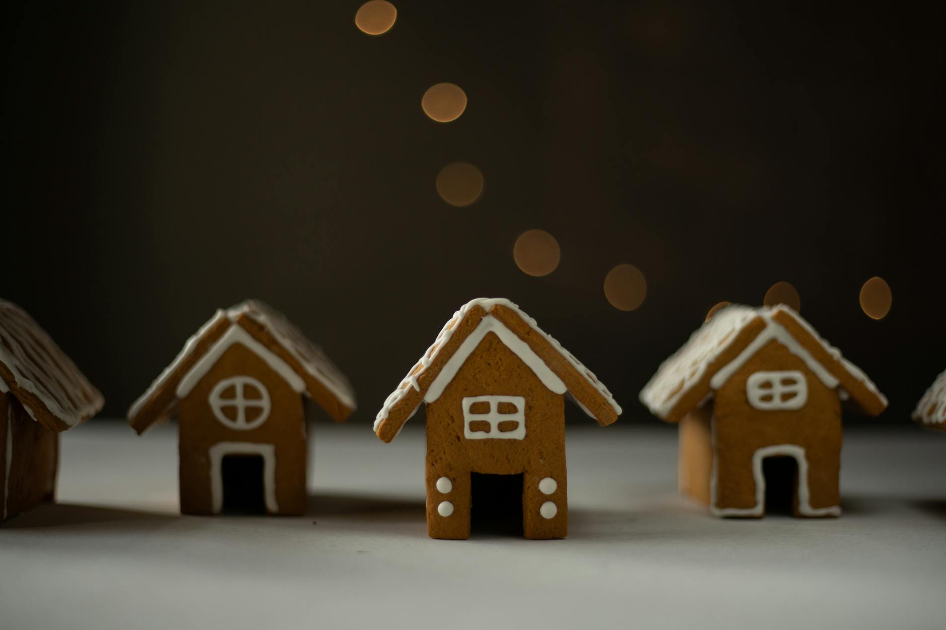Embroidered gingerbread house design on fabric in embroidery hoop