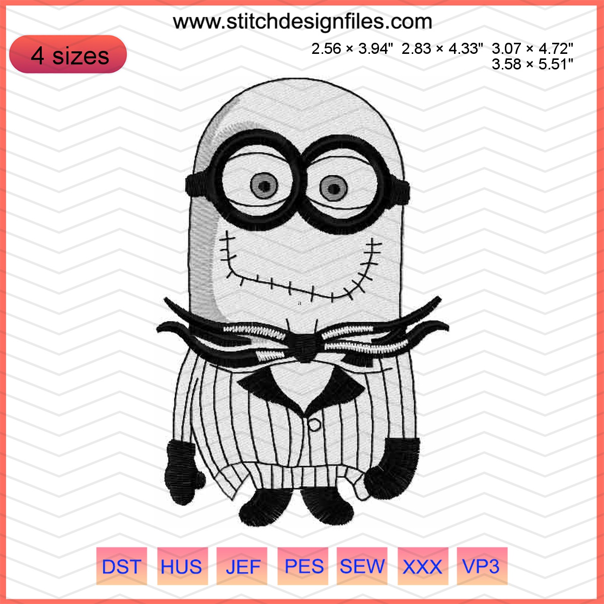 Minion skeleton embroidery design with Halloween theme.