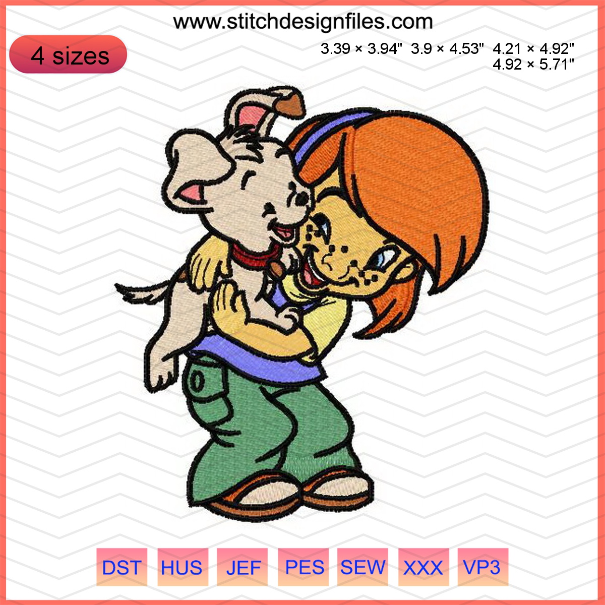 Darby and Buster playful embroidery design featuring a dog and girl.