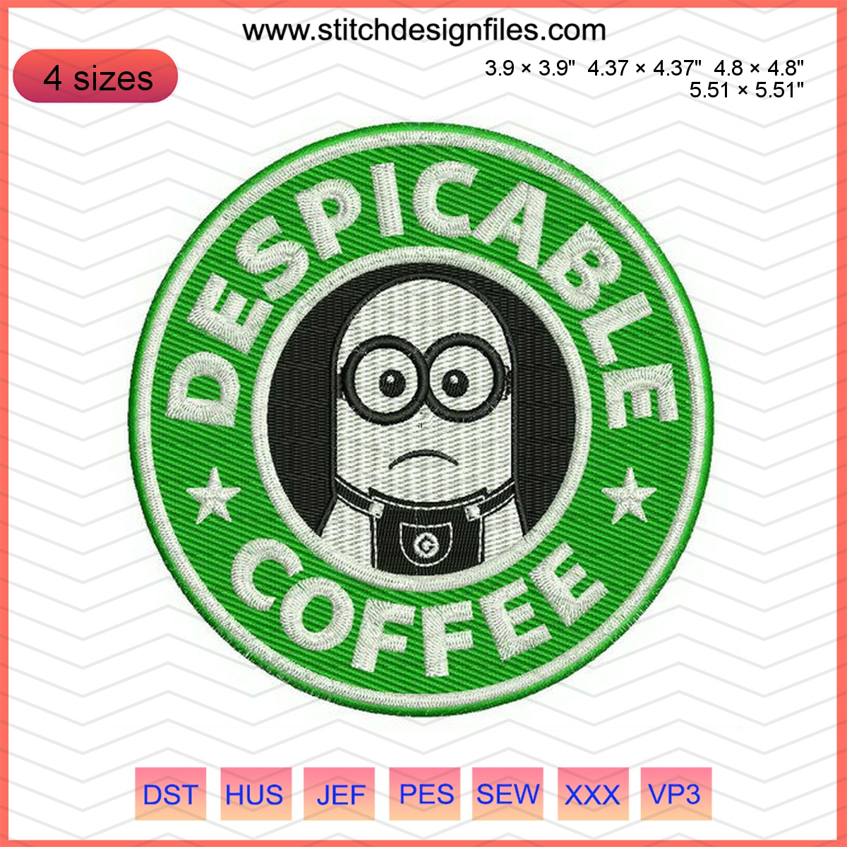 Despicable coffee embroidery design featuring Minion goggles.
