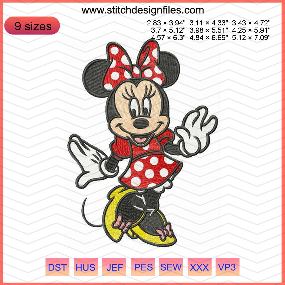 Minnie coquette embroidery design featuring cute polka dots, dress, and high heels.