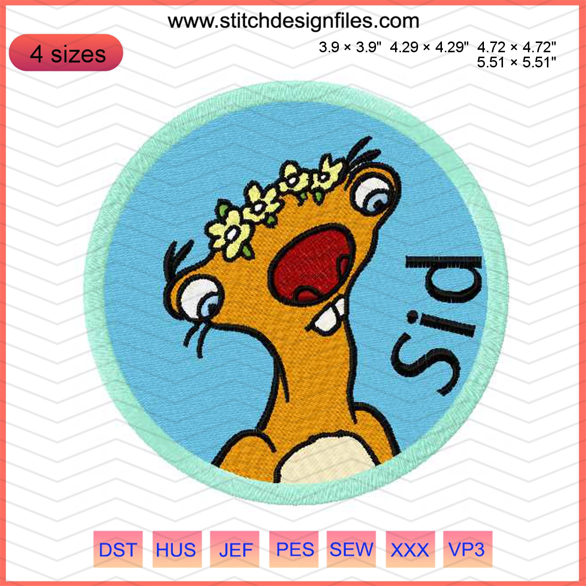 Sid 4 cartoon embroidery design featuring a playful character from Ice Age.