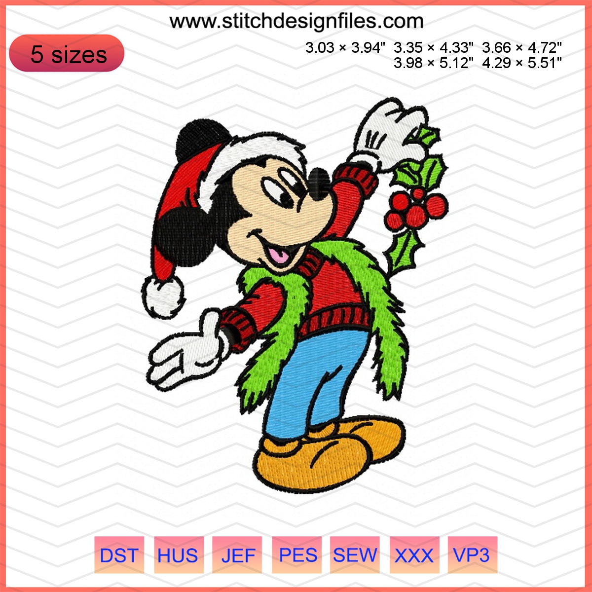 Mickey Mouse Christmas embroidery design with Santa hat